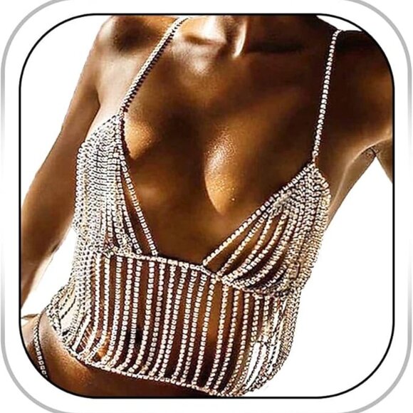 Rhinestone Body Chain Bra Silver Chain Top - Picture 1 of 5